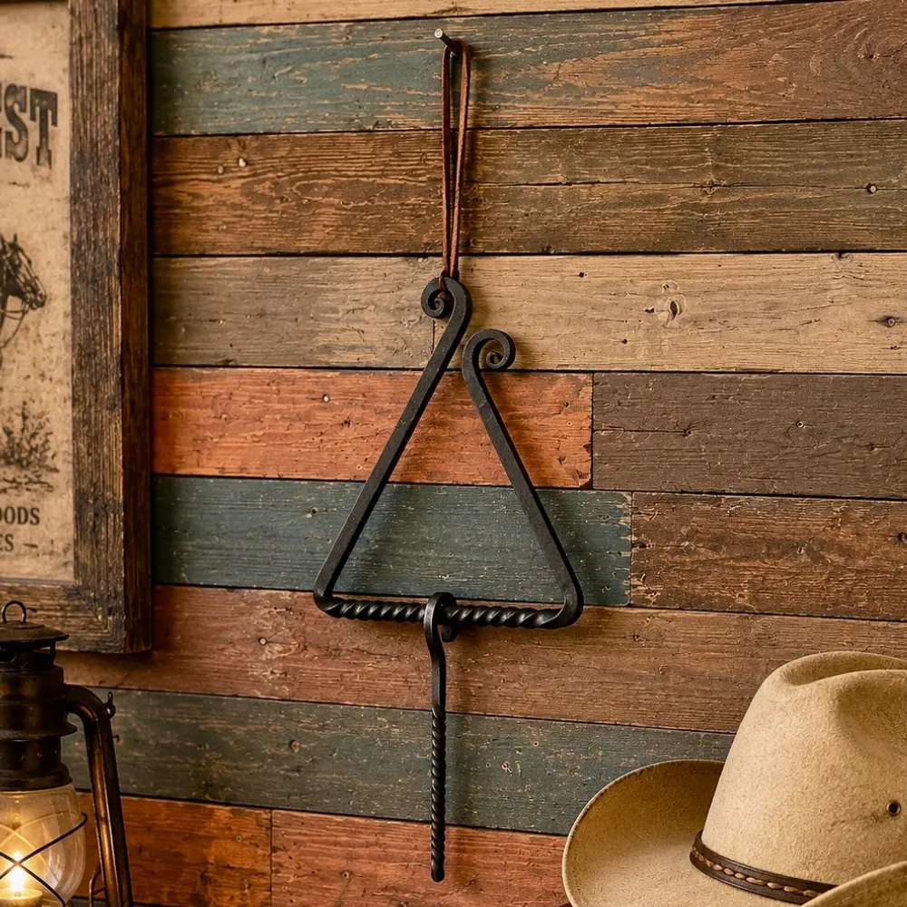 Fancy Dinner Bell – Cast Iron Old West Chuckwagon Triangle Dinner Bell with Striker and Leather Hanging Strap and Antiqued Finish
