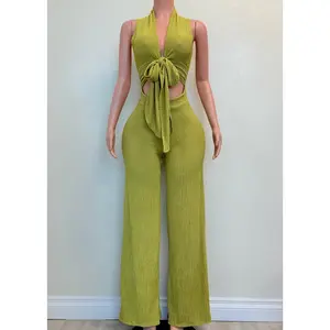 KAITLIN LIME GREEN SLEEVELESS FRONT TIE STRETCHY JUMPSUIT