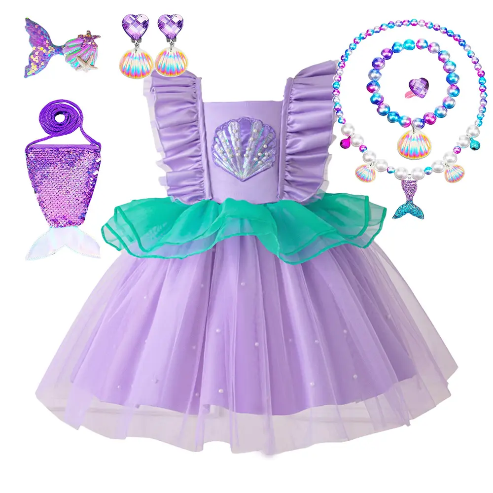 026 （ Dress + Accessories）Young Girl Kids Mermaid Princess Party Dress Birthday Party Dress Elegant Blue Purple Tulle Gown Girls Party Birthday Wedding Festival Pageant Dress