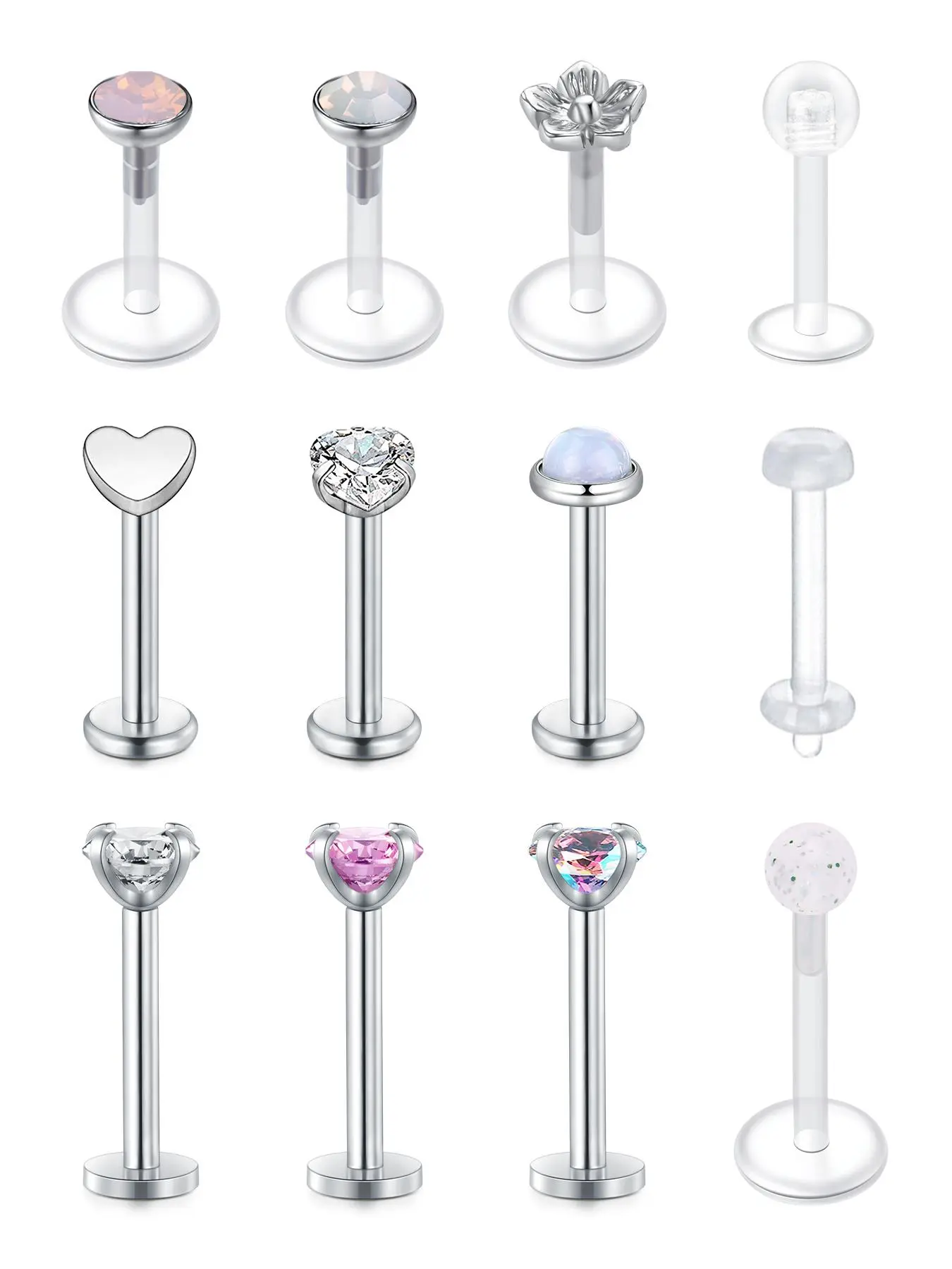 12pcs/set Rhinestone Decor Stainless Steel Lip Studs, Side Labret Jewelry, Mouth Jewelry, Body Piercing Jewelry for Party, Daily Clothing Decor for Girl
