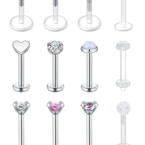 12pcs/set Rhinestone Decor Stainless Steel Lip Studs, Side Labret Jewelry, Mouth Jewelry, Body Piercing Jewelry for Party, Daily Clothing Decor for Girl