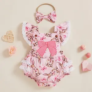 Afunbaby Infant Baby Girls Easter Outfits Bow Embroidery Bunny Print Lace Trim Flying Sleeve Spring Romper with Headband Set 0-18 Months
