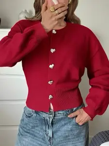 Women's Elegant Heart-Shaped Metal Button Cardigan Sweater Coat, Fall Winter Fashion Casual Versatile Knitwear Knit Outerwear