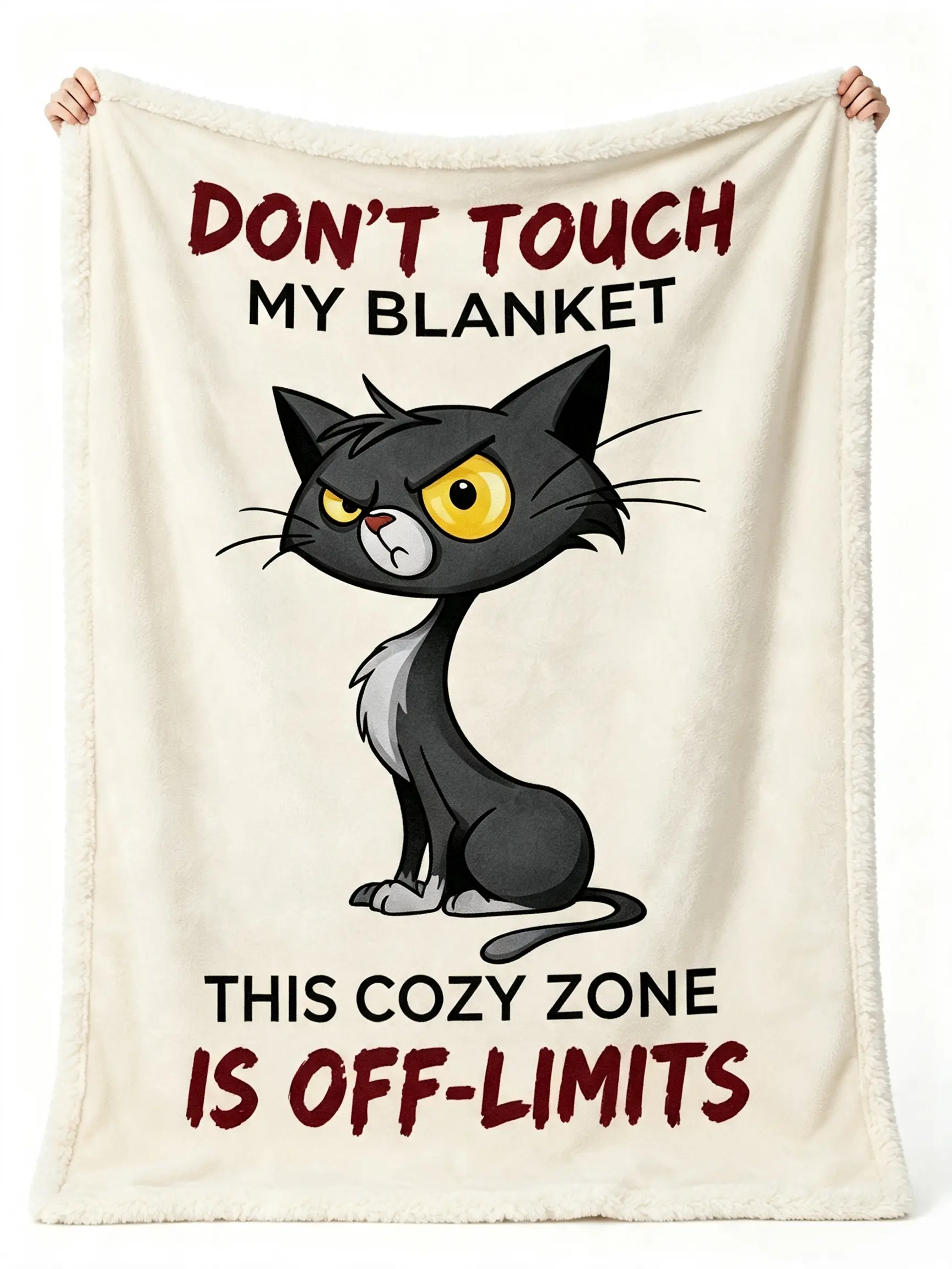 Grumpy Cat "Don't Touch My Blanket" Sherpa Fleece Throw Blanket, funny cozy off-limits warm blanket, soft plush sofa bed blanket, novelty gift for cat lovers, thick soft sherpa-lined fleece blanket with angry cat graphic, warm and comfortable