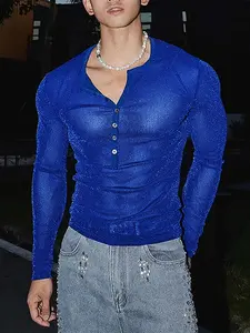 Men's Solid Color Long Sleeve Button Front Slim Fit Fashion Tee Shirt, Party Wear, Basic Stylish Casual Button Collared Top for Men, Menswear