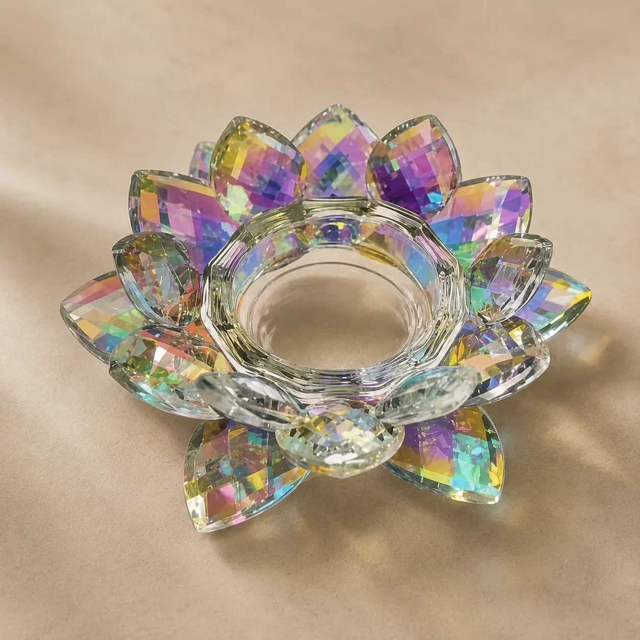 2-Piece Crystal Glass Lotus Motif Tealight Holders, Small Size Rainbow Glow Home Decor Centerpiece for Wedding, Holiday (Sohochic)