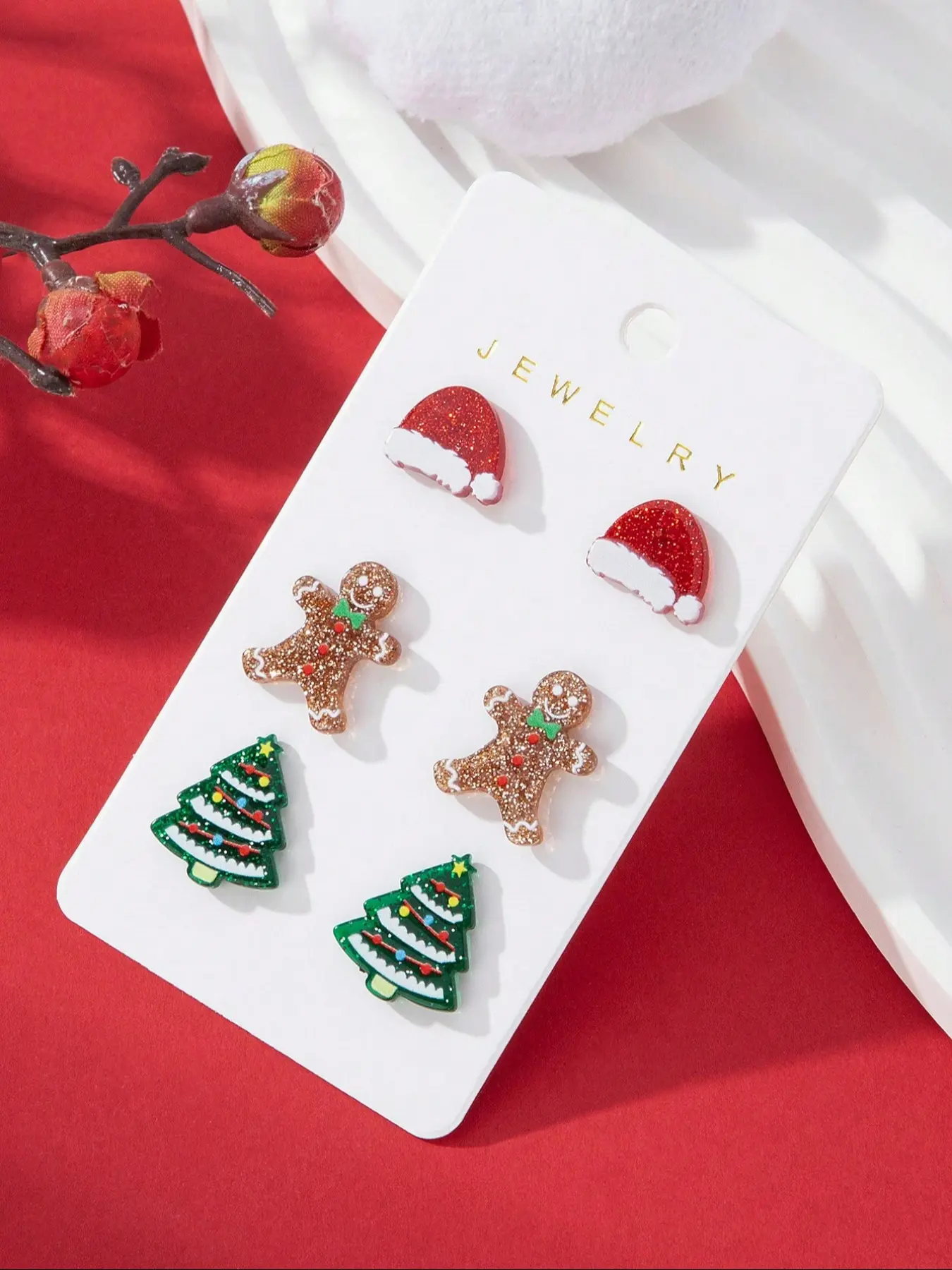 3 Pairs Set Acrylic Santa Claus Hat, Gingerbread Man & Christmas Tree Design Stud Earrings, Colorful Christmas Jewelry for Women, Festive Earrings