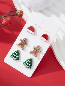 3 Pairs Set Acrylic Santa Claus Hat, Gingerbread Man & Christmas Tree Design Stud Earrings, Colorful Christmas Jewelry for Women