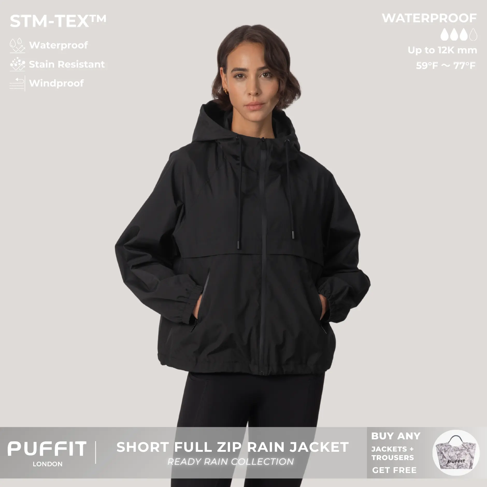 PUFFIT STM-TEX Short Full-Zip Rain Jacket With Adjustable Hem,Loose Fit,Autumn Hooded Jacket,Waterproof Jacket,Lightweight,Wide-Brim Hood,Adjustable Cuffs,Outdoor,Winter Jacket,Windbreaker,Shopping,Dog Walking,School Running,Football Mum,2026
