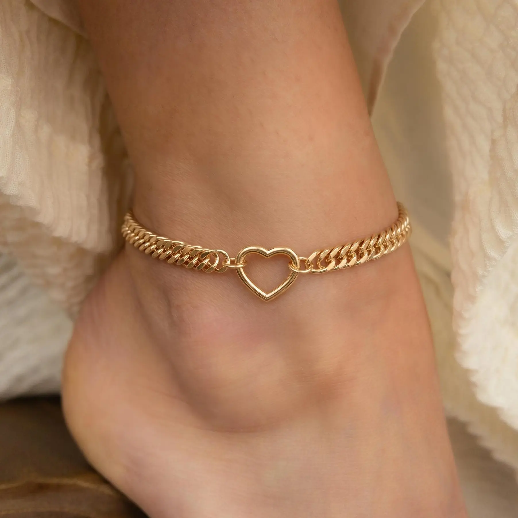 FREEKISS Gold Cuban Ankle Bracelet for Women, Double-Line Faceted Smooth Hollow Heart,Jewelry gift, Fashionable and Exquisite Women's Ankle Bracelet, Suitable for Various Occasions backtoschoolshopping