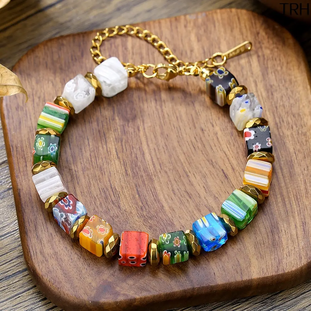 Colorful Millefiori Glass Cube Bead Bracelet, Vintage Floral Murano Style Beaded Wrist Band, Adjustable Gold Stainless Steel Extension Chain, Boho Multicolor Square Flower Glass Jewelry for Women, Daily Outfit, Beach Vacation & Casual Party Wear