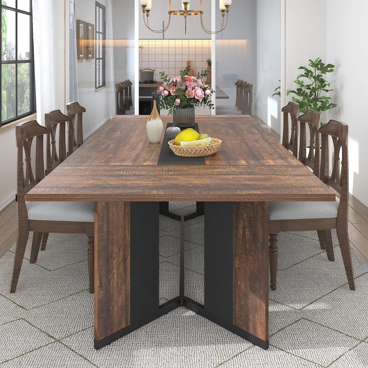 78Inch Dining Table for 8 People,Modern Large Rectangular Kitchen Table W/Waterproof Wood Tabletop,Long Dining Room Tables W/Adjustable Legs&Metal Frame for Kitchen Living Room 78" White/Brown