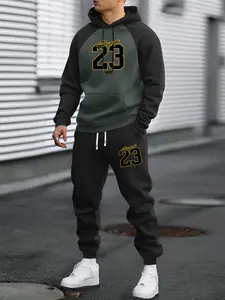 Men's spring and autumn thin personalized letter number print pattern colorblock raglan sleeve hoodie and pants set, stylish casual men's pocket sports sweatpants with elastic waist drawstring, two-piece long pants suitable for cool spring and autumn weat