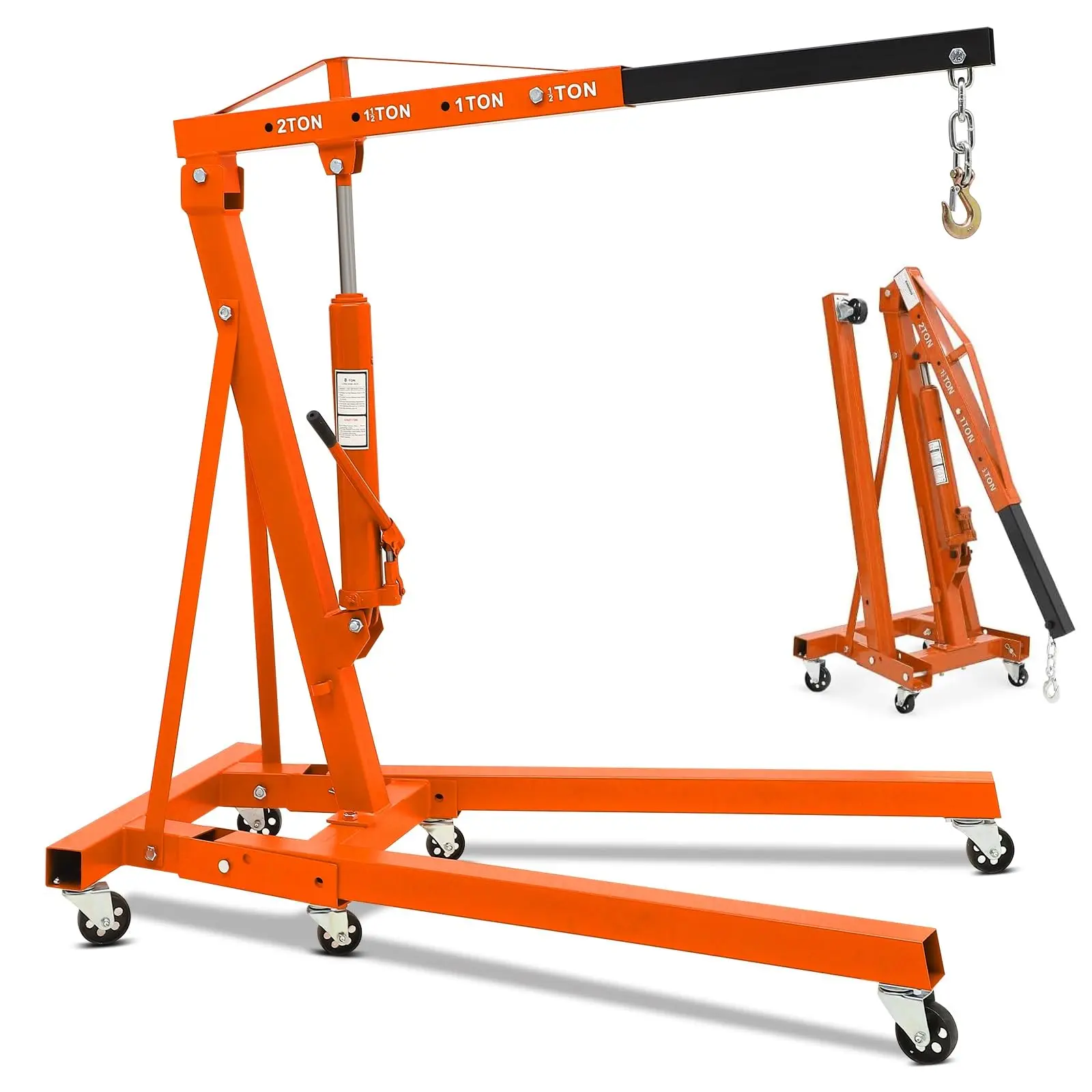 4400LBS Folding Engine Hoist, Heavy Duty Cherry Picker Engine Lift, Hydraulic Shop Crane with 6 Casters Telescopic Boom for Workshop Garage Warehouse