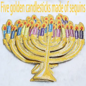 A set of 5 golden sequined embroidered candlestick fabric patches, ironing fabric patches for clothes, bags, decorative patches and patch patches