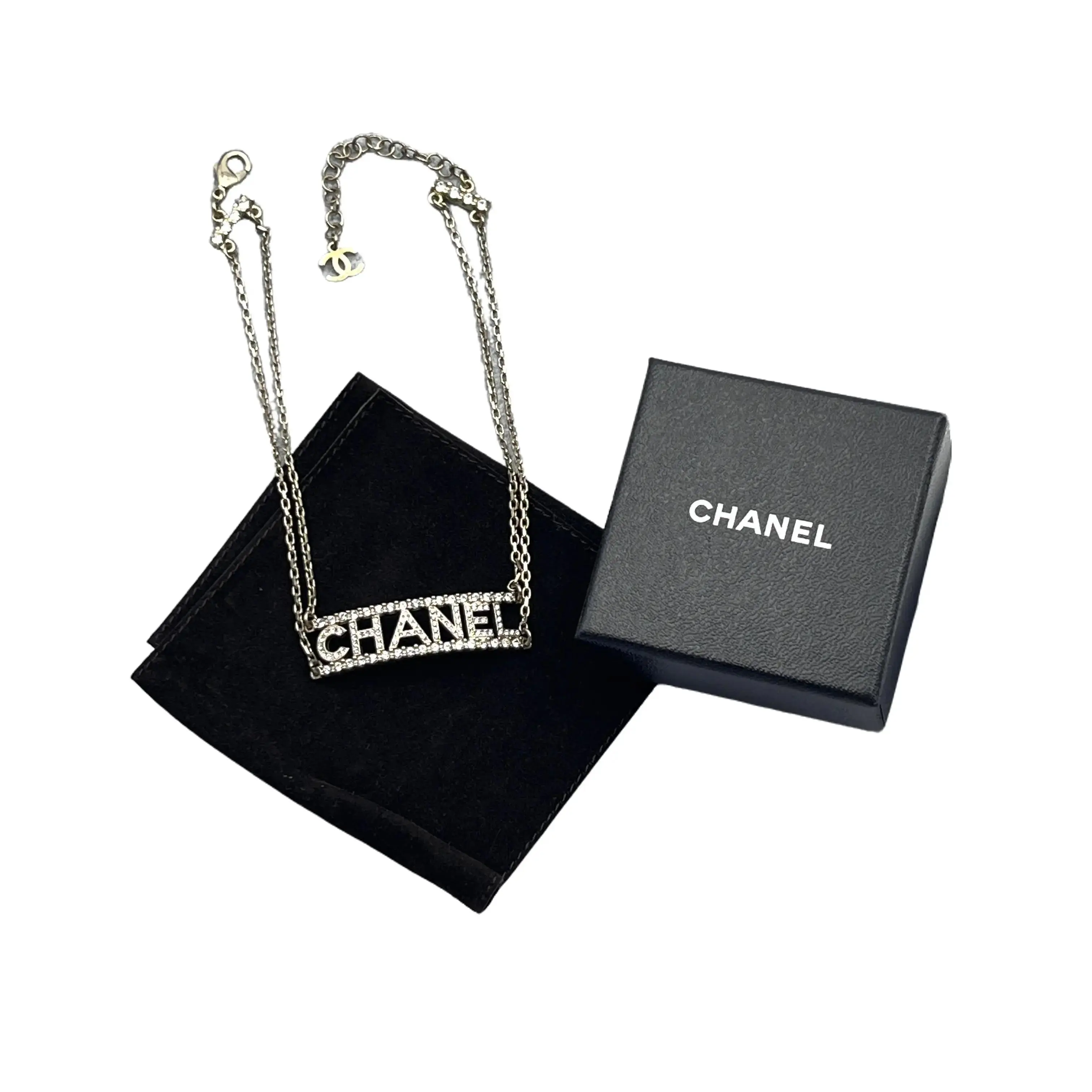 Pre-owned CHANEL Logo Rhinestone Double Layer Thin Chain Silver Necklace H5, Elegant Modern Costume Jewellery for Casual and Formal Outfits