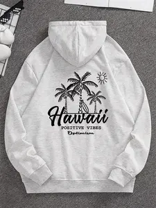 Men's Stylish Streetwear Drop Shoulder Pullover Casual Hoodie - Long Sleeve Menswear Top with Detailed Tropical Palms, Surfboard, Shining Sun Graphic - Ideal for Beach-Inspired Urban Fashion