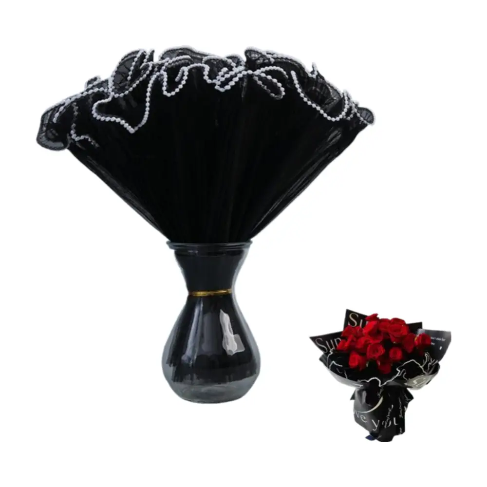 2 Pack 4.5 Yard Bouquet Wrapping Paper Pearl Wrinkled Wavy Net Yarn Flower Wrapping Mesh Paper Korean Bouquet Wrapping Mesh,for DIY Crafts Valentine's Day Wedding Florist Supplies (Black)