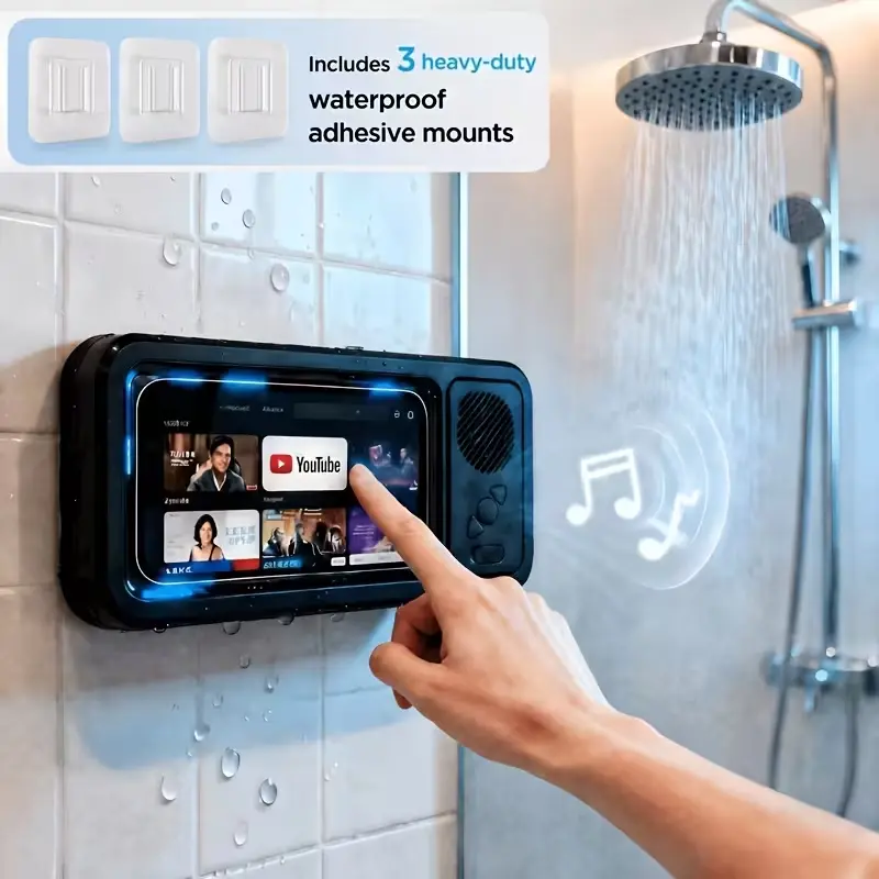 Wireless Bluetooth Speaker for Bathroom , Shower Phone Holder Speaker , Waterproof 360 Rotation Viewable Shower Phone Case Speakers for Bathroom Wall Mirro Compatible with iPhone, Galaxy