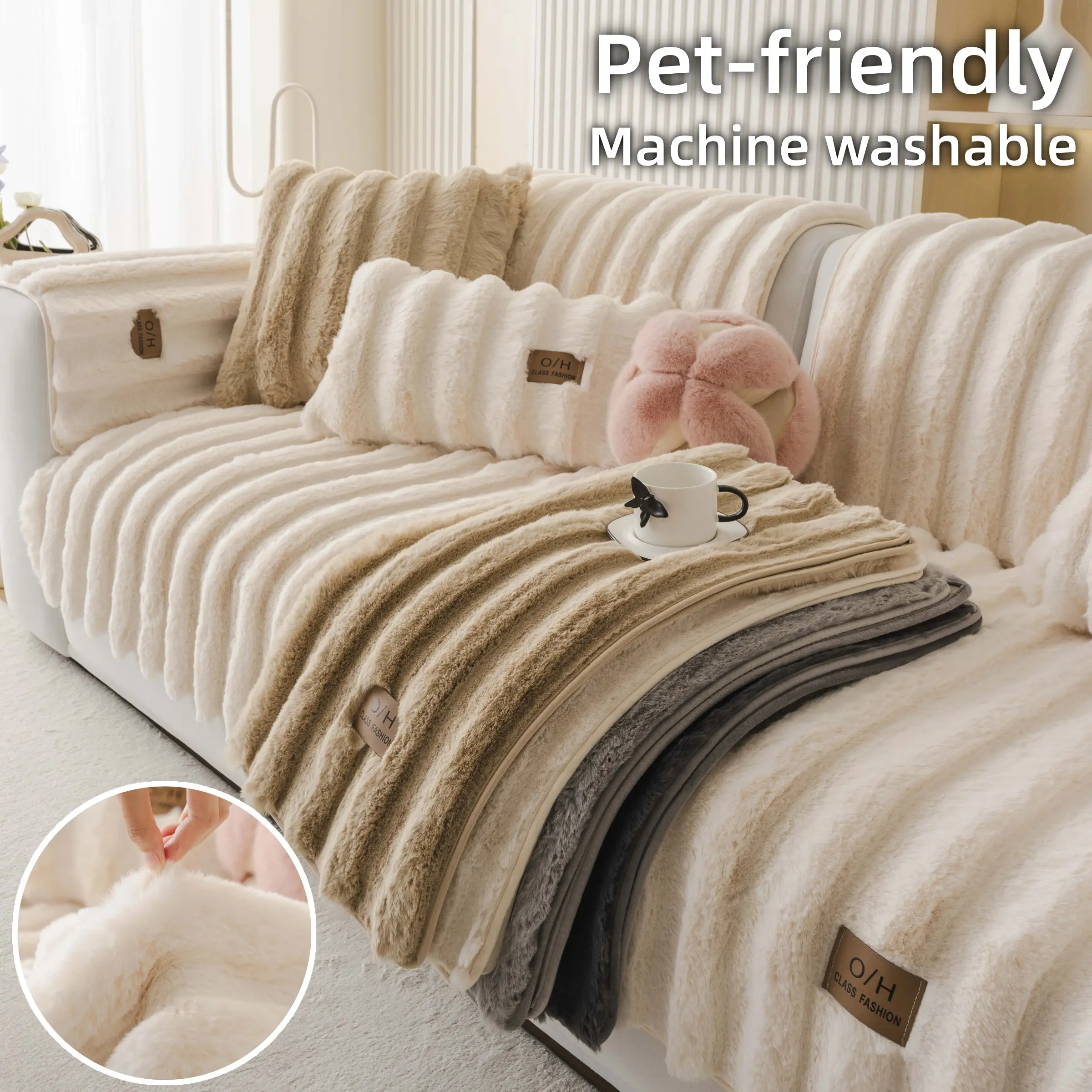 1 Pc Thick Plush Sofa cover, Non Slip Couch Cover, Pet-Friendly Anti-Slip Couch Protector, Machine Washable Soft Fluffy Sofa Cover, Anti-Scratch Furniture Protector Mat, Fits Sectional, Loveseat & 2/3/4-Seater Sofa, Multi-Color Cozy Cushion Cover
