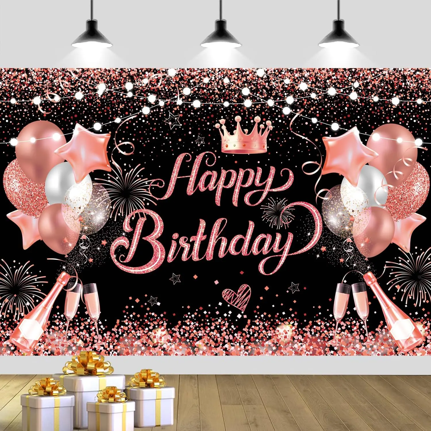 180x120 cm Glitter Rose Golden Happy Birthday Party Backdrops Cloth 71x47 inch  Golden Bday Photography Backgrounds Black Rose  Happy Birthday Sign Banner Decorations for Girl Women