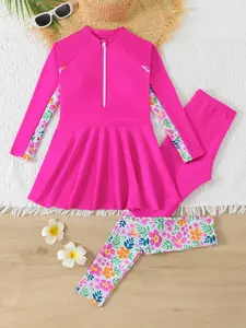 Girls' Plant Print Long Sleeve Patchwork Dress, Two-Piece Swimsuit Set, Sporty Beachwear, All Seasons, Slim-Fitting Swimwear, Swimwear Outfits