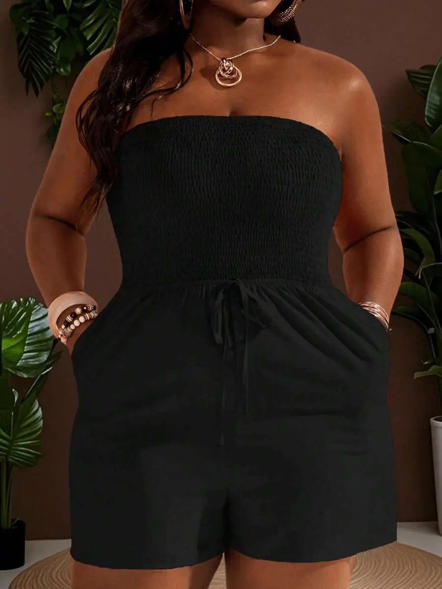 Plus Size Tube Top Romper For Women, Sommar Smart Casual Beach Jumpsuit, Sleeveless Strapless Open Shoulder Linen Rompers, Western Festival Outfits