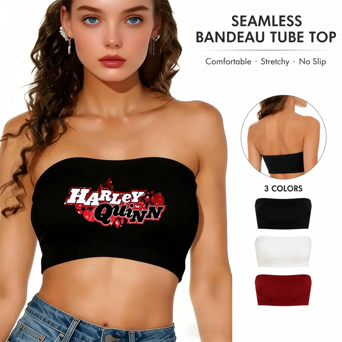 Official Licensed Justice League Harley Quinn Women's Seamless Bandeau Tube Top Strapless Stretch Crop Bra 3-Pack