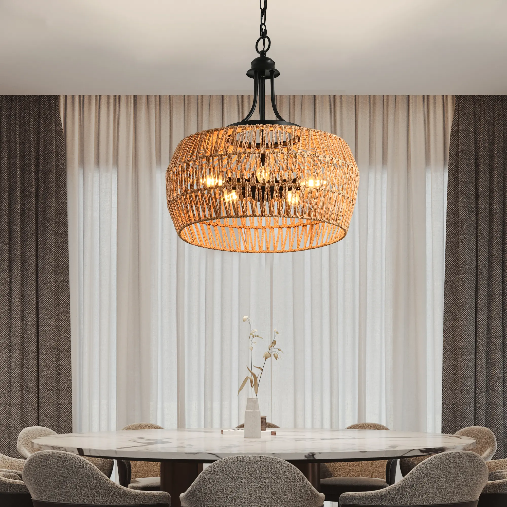 Handwoven Rattan Adjustable-Height Pendant Light with Black Metal Accents - Farmhouse Decorative Light for Kitchen Island, Dining Room, Decorative Lights, Adjustable Height Pendant Lights