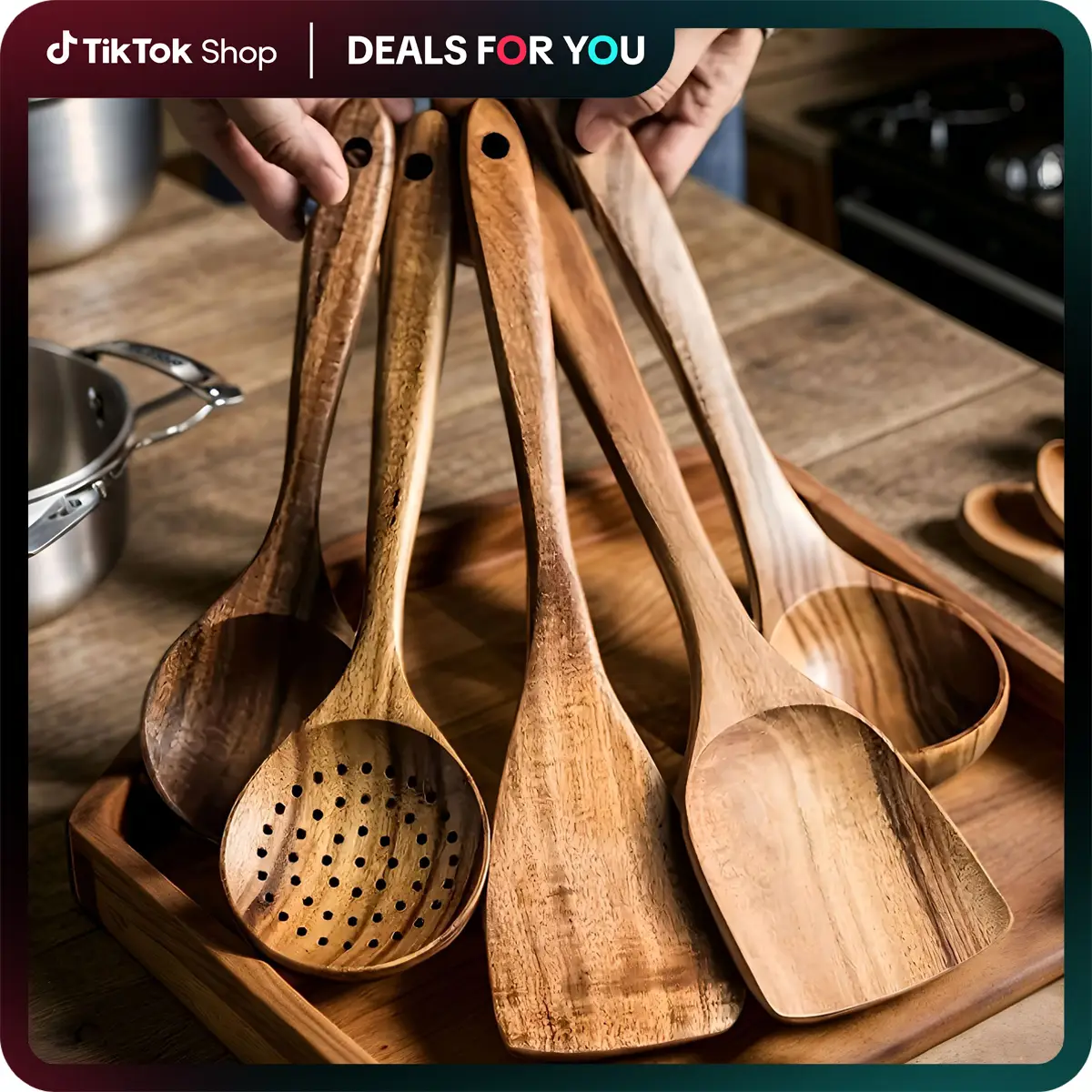 5-Piece Premium Wood Kitchenware Set with Ergonomic Handles - Includes Spoon, Tablespoon and Sauté Spatula, Heat-resistant, Easy-to-Clean, Durable Coo