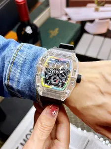 Transparent Barrel-Shaped Hollow-Out Watch, Silicone Strap, Colorful Numerical Markers, Style Dial, Unisex Fashion Accessory