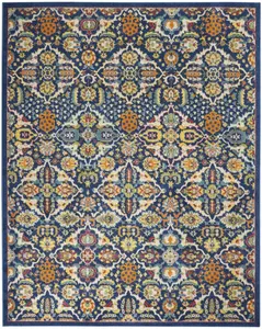 HomeRoots 521689 8x10 ft. Blue Floral Shaped Power-Loom Rectangle Decorative Area Rug - Bohemian Style Rugs, Living Room Indoor Decor, Easy-Cleaning, Floral Shaped Rug
