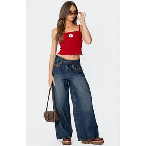 Edikted Women's Gwen Leopard Detail Low Rise Jeans