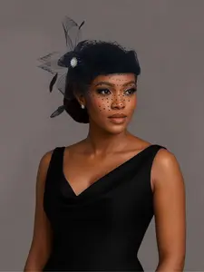 Vintage Mesh Feather Hat with Rhinestones, Elegant British Style, Bridal Accessories, and Perfect for Weddings and High-End Parties, Vintage Netting