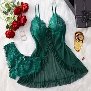 New Sexy Lace Patchwork Mesh Suspender Dress with Wood Ear