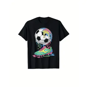 Black Sports T-Shirt with a Football And Sneaker Design, Perfect for Training, Matches, And Casual Outings, Made from Breathable Material