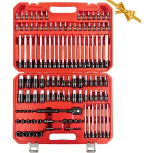 115-Piece Torx & Allen Bit Socket Set, 1/4",3/8"and 1/2" Drive, Extra Long Torx//Tamper Proof Torx/Hex/Ball End Hex Socket Set, S2 Steel, SAE/Metric, with Ratchet Wrench & Adapters