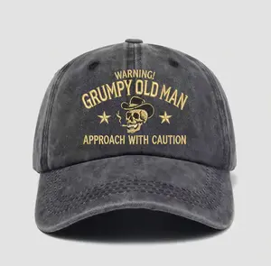 Warning! Grumpy Old Man Vintage Washed Cotton Baseball Cap  Funny Cowboy Skull Dad Hat  Premium Printed Gag Gift for Dad & Grandpa