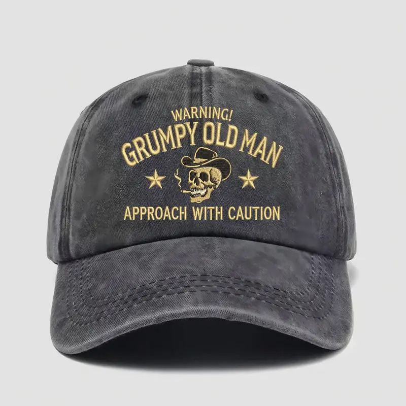 Men's Vintage Washed Cotton Baseball Hat - American Retro Sports & Outdoor Accessory with Grumpy Old Man Art Skull Print, Soft Cotton, All Seasons, Old School Vibes, Gag Gift for Dad, Gifts for Him, All-Day Wear Casual Hat for Adults