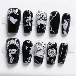 Gojo Satoru 10Pcs Anime Press On Nails Available in Short & Long Ladder Jujutsu Kaisen Inspired Luxury Fake Nails - Reusable Alt Aesthetic Black NailsJujutsu Kaisen JJK