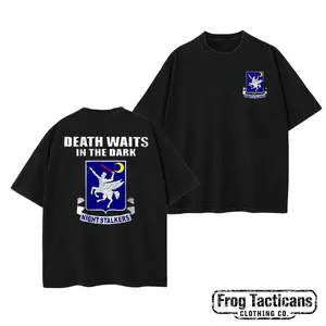 US Army 160th SOAR Night Stalkers T-Shirt Waits In The Dark Retro Tactical Aviation Emblem Graphic Tee