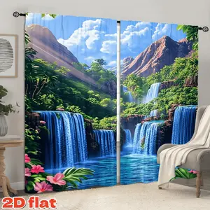 2D Flat 2Pcs Tropical Waterfall Curtain Panels, Nature Landscape Window Drapes, Serene Jungle Mountains River Scene, Living Room Bedroom Balcony Kitchen Study Decor, Home Decoration, Anti Privacy.