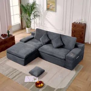 Oversized Corduroy L-Shaped 3-Seater Sofa with Chaise Lounge & Removable Ottoman, Multifunctional Comfortable Sectional Couch for Living Room Bedroom, High-Quality Double-Layer Seat Cushion