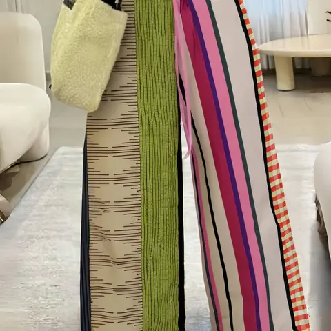 Women's Bohemian Loose Baggy Striped Woven Pants, Bohemian Clothes, Colorful Patchwork Adjustable Drawstring Wide-Leg Pants, Casual Fashion Style Bottoms for Spring & Fall Everyday Wear, Comfortable Fit
