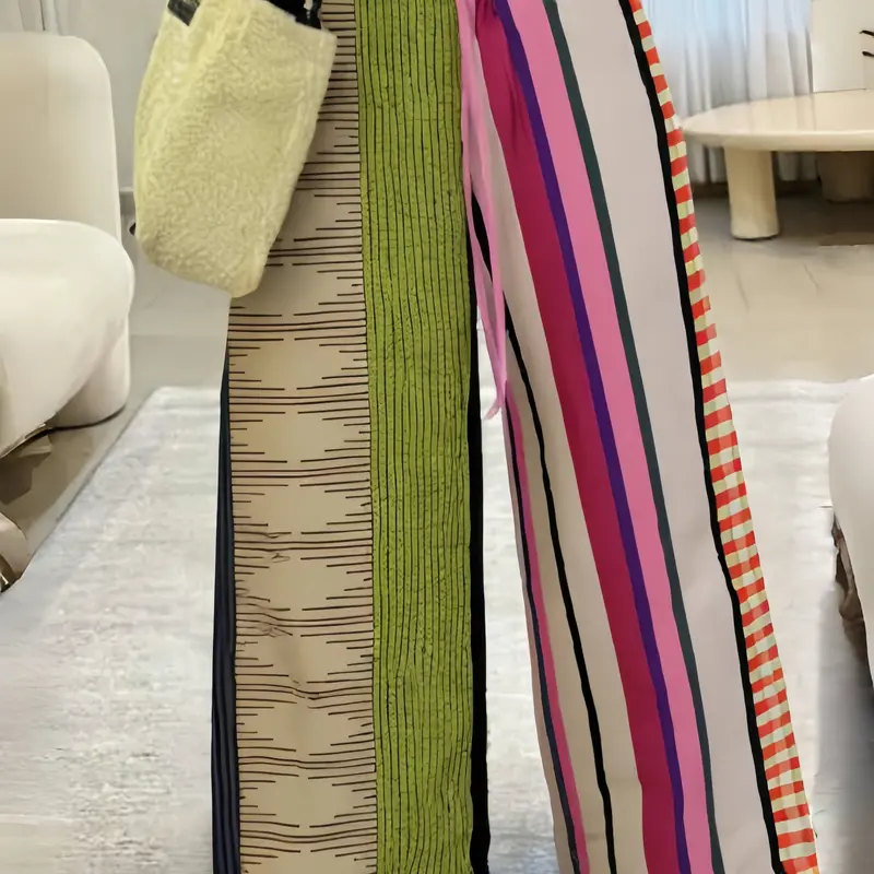 Women's Bohemian Loose Baggy Striped Woven Pants, Bohemian Clothes, Colorful Patchwork Adjustable Drawstring Wide-Leg Pants, Casual Fashion Style Bottoms for Spring & Fall Everyday Wear, Comfortable Fit