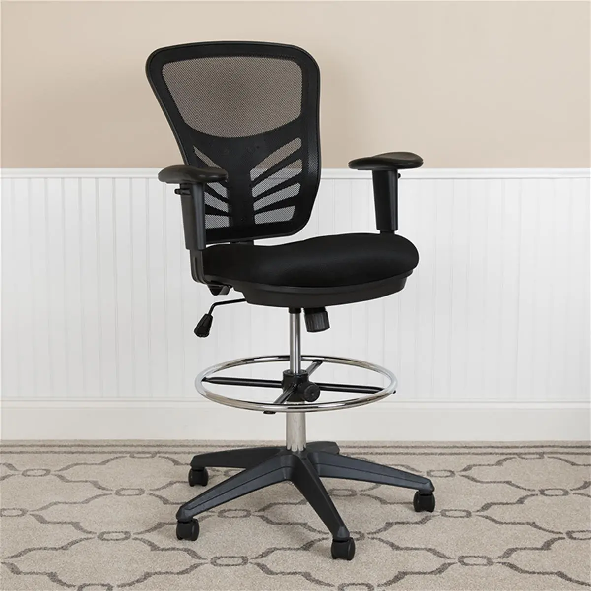 212 MAIN 25.25 in. Mid-Back Mesh Ergonomic Drafting Chair - Height Adjustable Task Office Swivel Chair with Chrome Footring, Customizable Arms & Frame, Black, Height Adjustable Chair, Task Office Chair