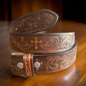 Genuine Leather Western Carved Embossed Tooled Cowboy Cowgirl Floral Strap Belt Full Grain Leather Heavy Duty Without Buckle