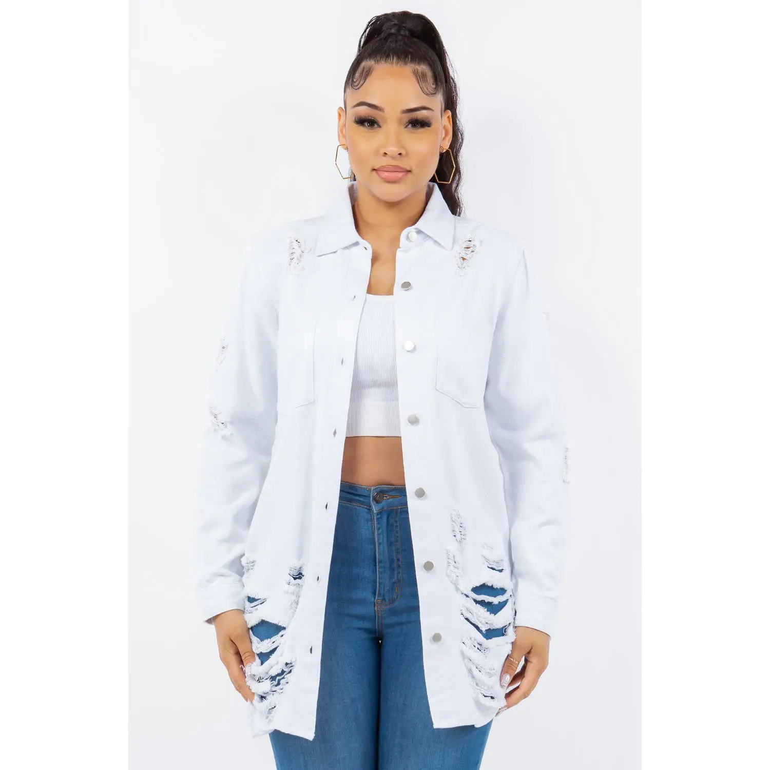 American Bazi Distressed Button Up Long Sleeve Denim Jacket