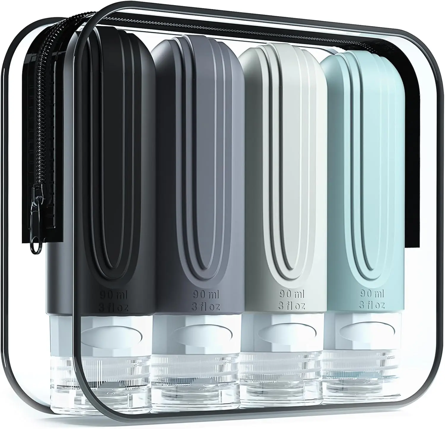 3oz TSA-Approved Silicone Travel Toiletry Bottles, BPA-Free Leakproof Refillable Squeezable Makeup Cosmetic Containers, 4-Pack Multi-Pack Travel Accessories for Toiletry Use (Shampoo, Conditioner, Lotion)
