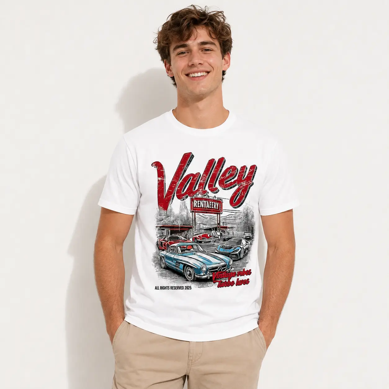 Men's Valley Car Pattern Bead-Studded Crewneck Streetwear Casual Short-Sleeve T-Shirt - Father's Day Gifts, Summer Wear